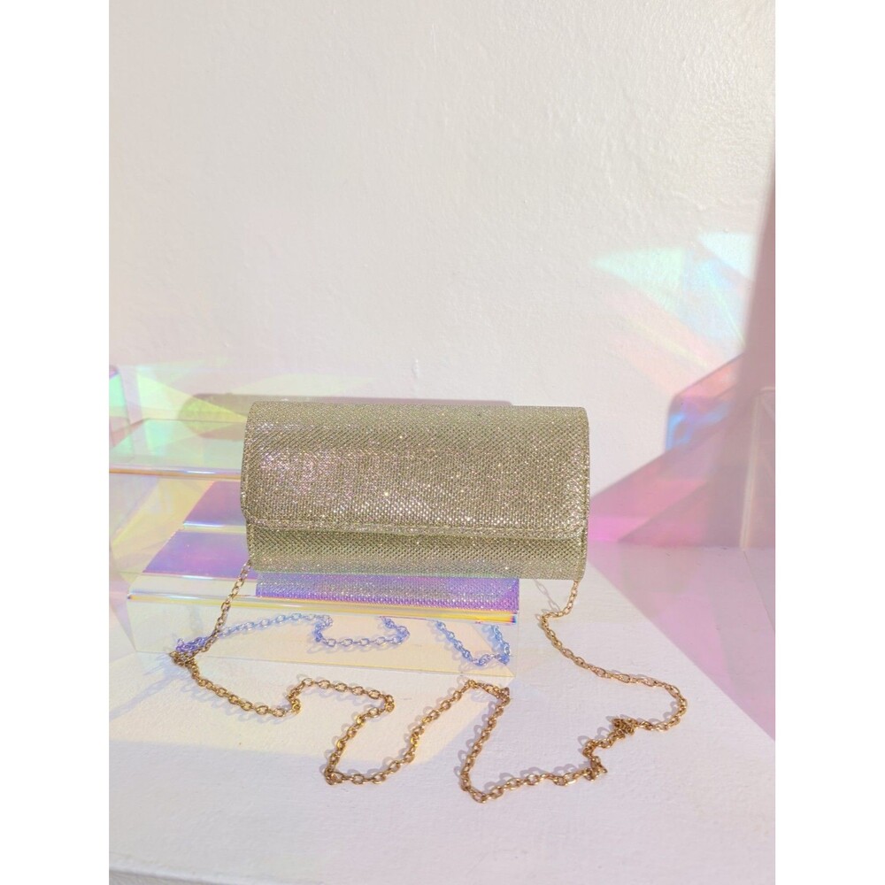 Y2K Gold Rhinestone Crystal Evening Clutch Purse Chain Strap 8x4
